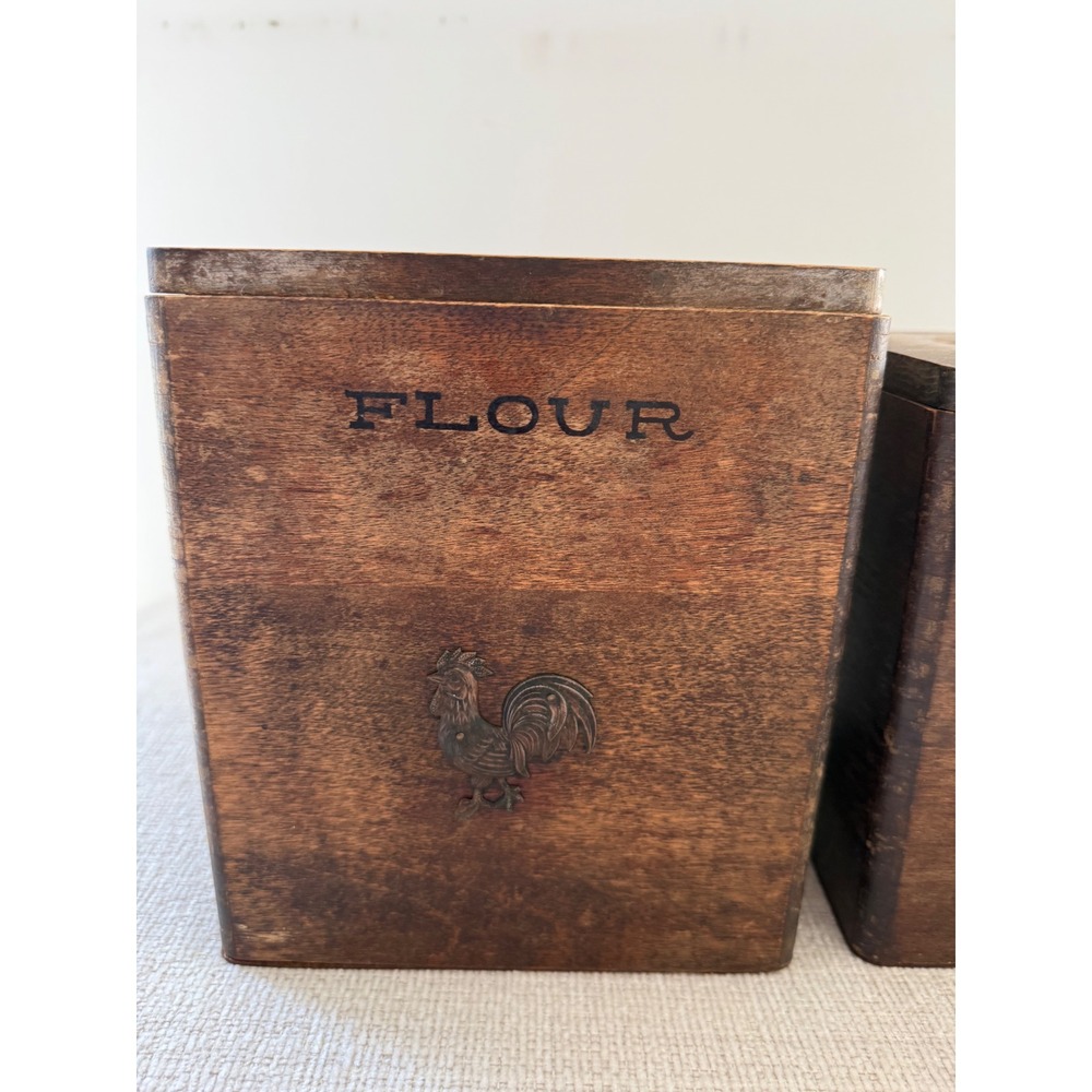 Vtg Wood MCM Flour Sugar Tea Coffee Canister Square Set Roosters Tilso Japan
